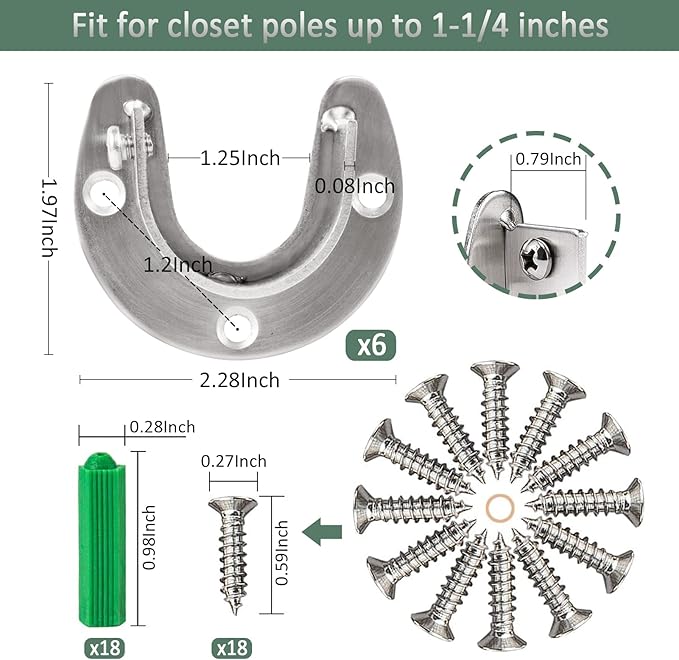 Cosweet 6 Packs Stainless Steel Closet Pole Sockets- Closet Rod End Supports, Flange Set Rod Holder with Screws for Easy Installation&Quick Removal (U Shaped)