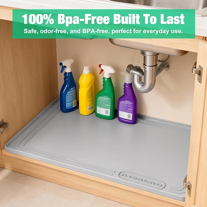 Aisslro Under Sink Mat 22" X 19", Waterproof Silicone Cabinet Protector with Raised Edge, Kitchen & Bathroom Leak Tray, Shelf Liner & Pet Feeding Mat for Dog Cat Food Mats, Light Gray