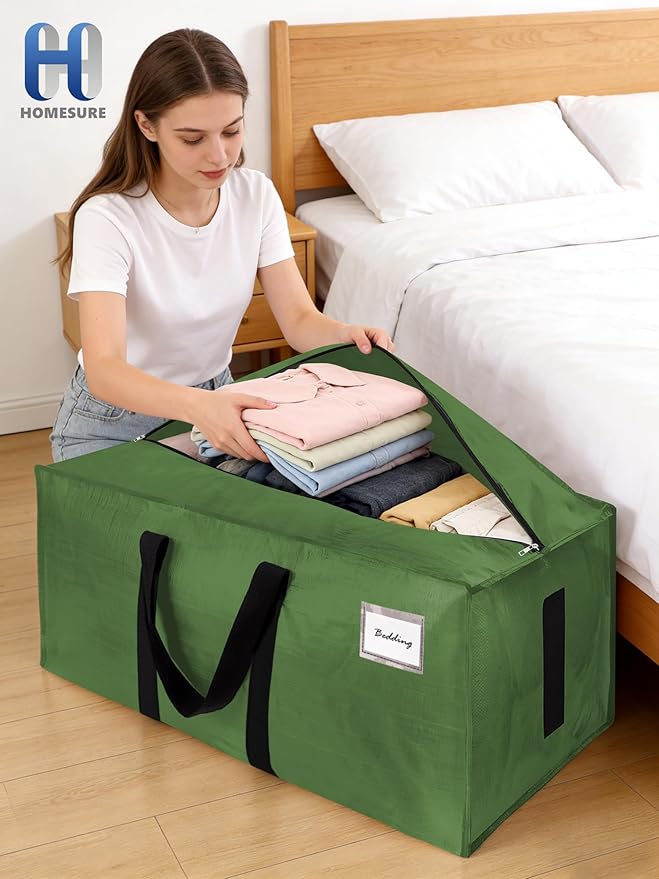 80 Pack Large Strong Moving Bags with Zippers & Carrying Handles - Water-Resistant - Heavy Duty Storage Tote for Space Saving, Fold Flat, Alternative to Moving Box (Olive Green)