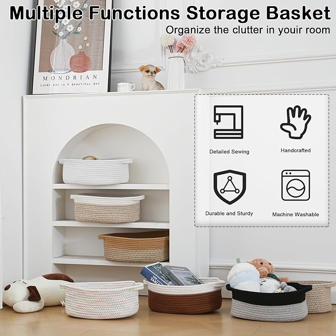 Small Woven Rope Basket-Empty Gifts Basket with Bag and Ribbons,Cute Handle Organizer Box for Birthday/Baby Shower, Toy Storage, Nursery Organizing & Shelf Decor(Orange)