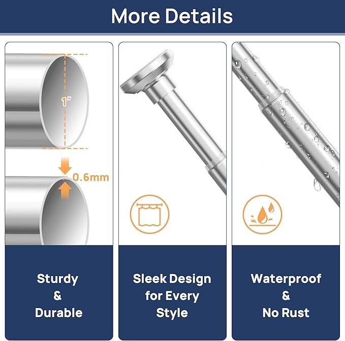 ENJOYBASICS Shower Curtain Rod 30 to 88 Inches, 1 Inch Stainless Steel Adjustable Spring Tension Rods No Drill for Bathroom, Closet, Window, Room Divider, Never Rust, Non Slip, Chrome