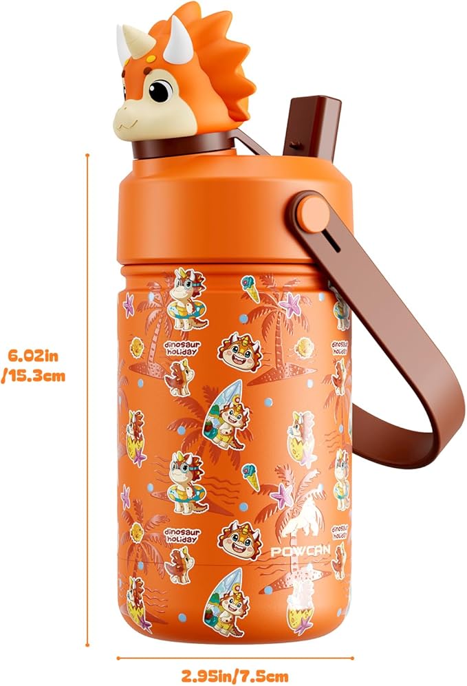 POWCAN 12 oz Kids Water Bottle Insulated: 2-in-1 Straw Spout Lid with Soft Animal Head, BPA-Free, Leakproof, Keep Cold 24H, Backpack Friendly, Stainless Steel Cup for School, Trip, Gift (Sunny Trike)