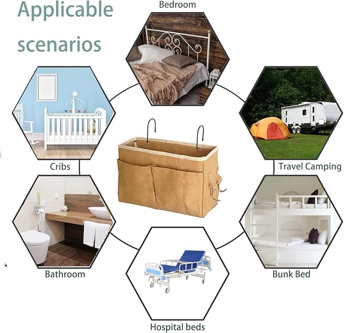 Bedside Caddy Bedside Hanging Storage Basket Multi-Function Organizer Caddy for Bunk and Hospital Beds Dorm Rooms Bed Rails, Can be Placed Glasses Books Mobile Phones(Dark khaki)