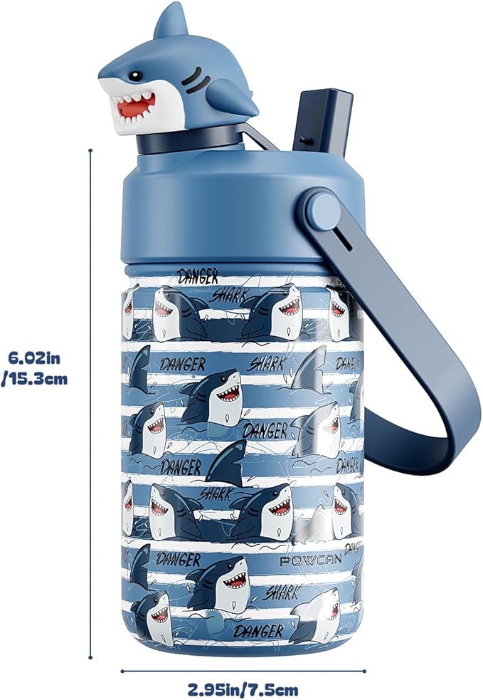 POWCAN 12 oz Insulated Water Bottle for School: 2-in-1 Straw Spout Lid with Soft Animal Head, Leakproof, BPA-Free, Keep Cold 24H, Easy Carry, Stainless Steel Cup for Kids, Boys, Girls (Baby Shark)