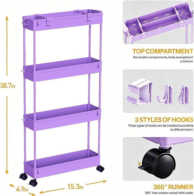 SPACELEAD Slim Storage Cart 3 Tier,Bathroom Organizer Rolling Utility,Mobile Shelving Unit Slide Out for Office, Kitchen, Laundry Room & Narrow Places,Purple