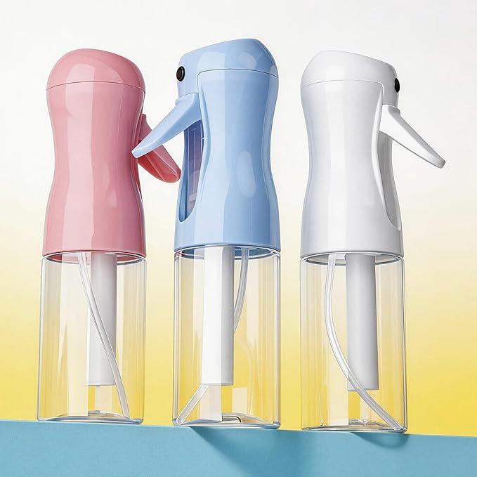 3Pcs Continuous Spray Bottles For Hair,Ultra Fine Mister for Hair Styling, Plants, Cleaning, Salon, Misting & Skin Care (200ml Blue+Pink+Clear)