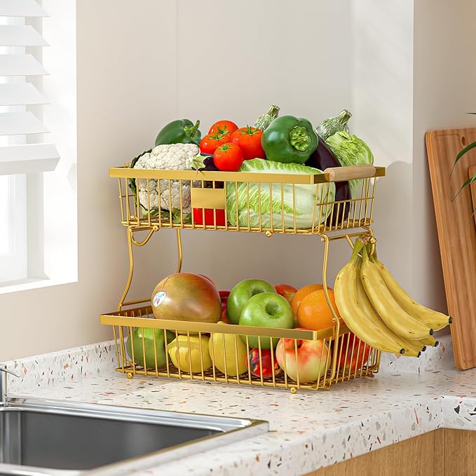 2 Tier Fruit Basket for Kitchen Counter with 2 Banana Hangers, Countertop Metal Fruit Bowl with Wooden Handle, Large Storage Stand for Vegetables, Snacks, Breads, Produce Storage – rose gold