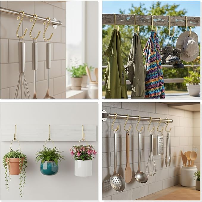 Hotop 36 Pcs Gold S Hooks for Hanging 2.4 Inch Heavy Duty S Shaped Hook Rack Metal Non Slip Hanger for Christmas Tree Stocking Kitchen Pot Utensils Closet Wire Bathroom Bedroom Pan Bag Towel Plant