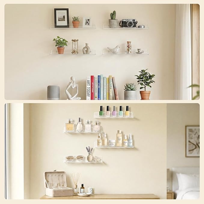 Lifewit Floating Shelves for Bathroom, Acrylic Wall Organizer for Perfume, Makeup, Figures, Nail Polish, Photo, Book, 14" Decor Display Rack for Nursery, Living Room, Bedroom, Kitchen, Clear, 10 Pack