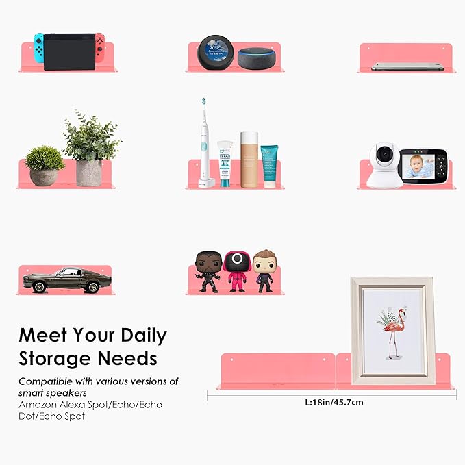 OAPRIRE Pink Acrylic Floating Shelves Set of 2 - Easily Expand Wall Space - Small Wall Shelf with Strong Adhesive for Bedroom, Kids' Room, Bathroom, etc