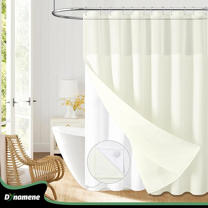 Dynamene Extra Long Shower Curtain, 84 Inch Long Waffle Fabric Shower Curtain for Bathroom, Tall Waterproof Cloth Shower Curtain Liner Set with Hook, Snap in Liner, Mesh Top Window, Cream, 72x84