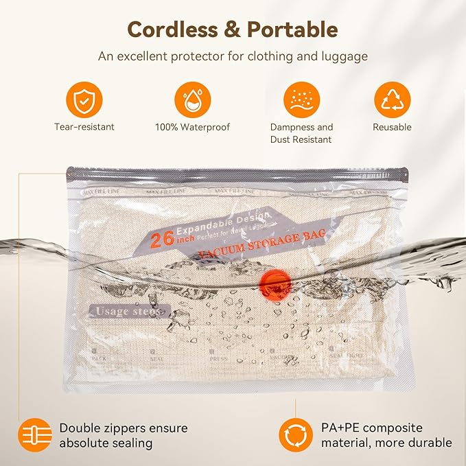 Vacuum Storage Bags for Travel with Rechargeable Air Pump, 12 Pack Space Saver Bags for Clothing, Luggage & Suitcase Compression, Efficient & Portable Storage Solution for Travel Essentials