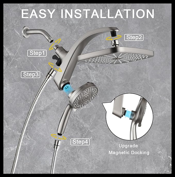 BOZYBO Rain Shower Head with Handheld: High Pressure Shower Heads with Handheld Spray Combo, 12" Rainfall Shower Head and 9 Sprays Hand Showerheads with Magnetic Docking and Power Jets, Nickel 1.8GPM