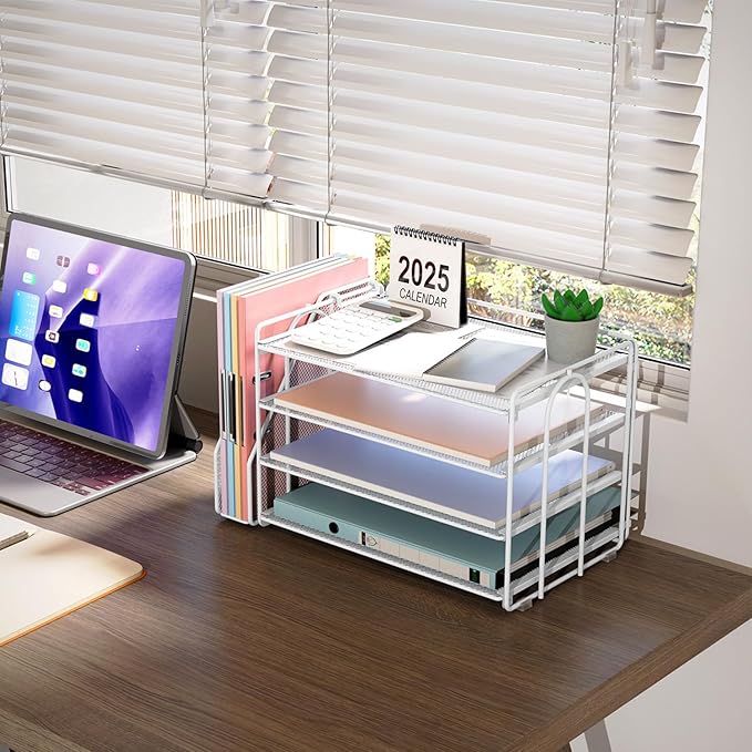 gianotter 4-Tier Paper Organizer With Magazine Holder, Desk Organizers and Accessories, Desk Accessories & Workspace Organizers, File Organizer for Office Supplies Storag (White, 4-Tier)