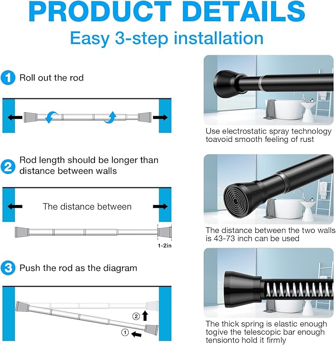 Shower Curtain Rod 44-77 inch Black Tension Rod Shower rod Non Slip Tension Curtain Rod Adjustable Curtain Rods No Drilling Shower Rods for Bathroom Windows Closet