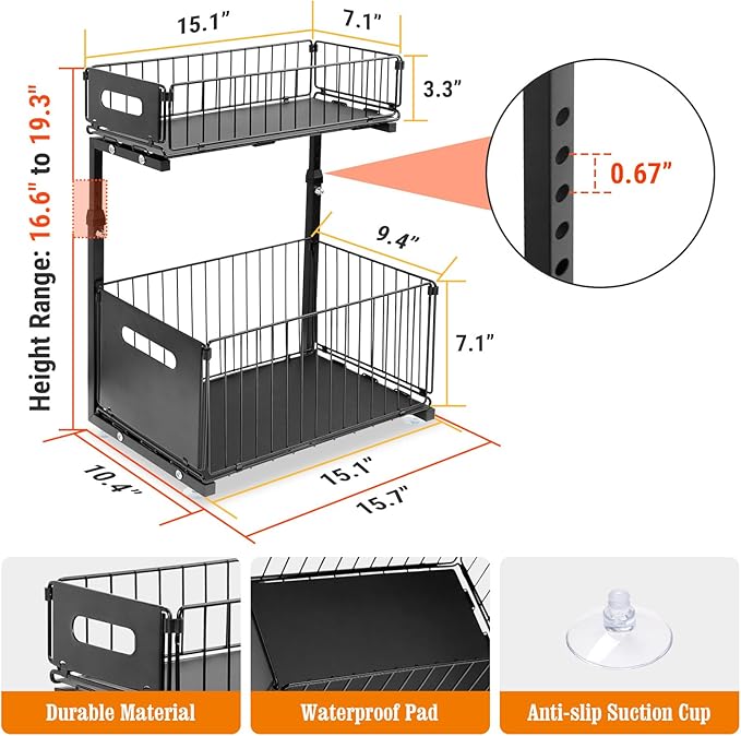 Under Sink Organizers and Storage, 2-Tier Pull Out Cabinet Organizer, Slide Sink Steel Shelf Cabinet Storage Shelves, 5 Height Adjustable Under Sink Storage for Kitchen Bathroom Cabinet, Black (1Pack)
