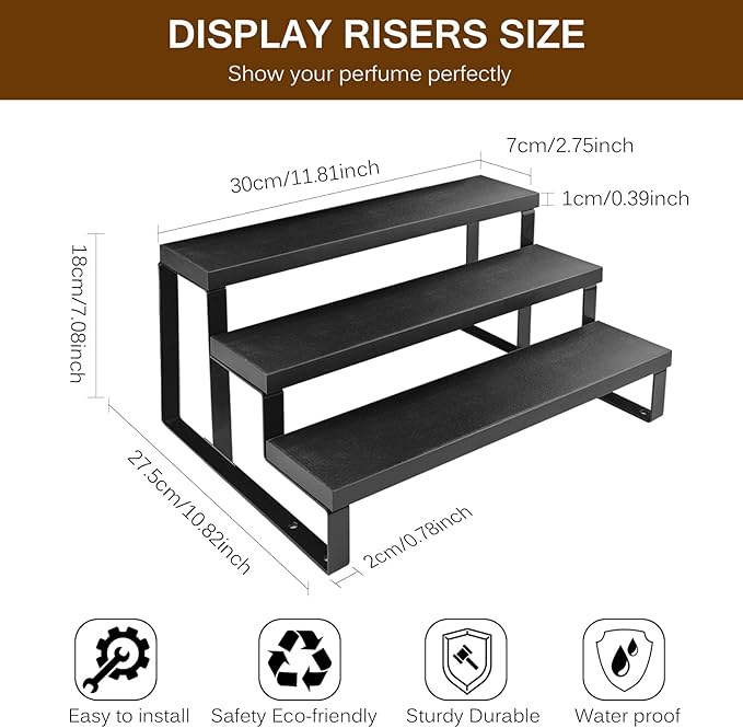 3 Tier Cologne Stand for Men 2 Pack,12 Inch Wooden Cologne Organizer for Dresser Waterproof Perfume Organizer with Anti-Slip Washers for Makeup,Figures,Cupcake,Perfume,Dessert,Display Risers Stand