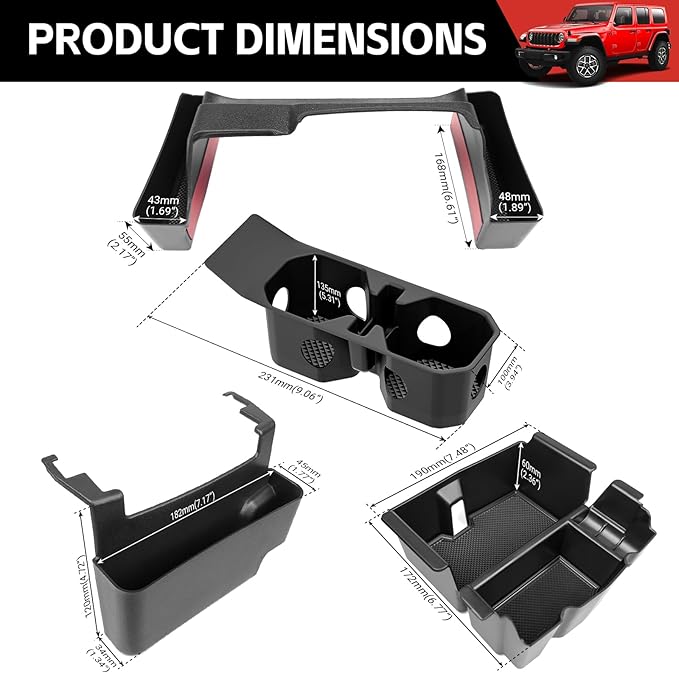 Center Console Organizer Fit for 2018-2025 Jeep Wrangler JL JLU 4XE/Gladiator JT Center Console Cup Holder Armrest Storage Hanging Gear Shift Tray for Wrangler&Gladiator(3-Piece+Cupholder)