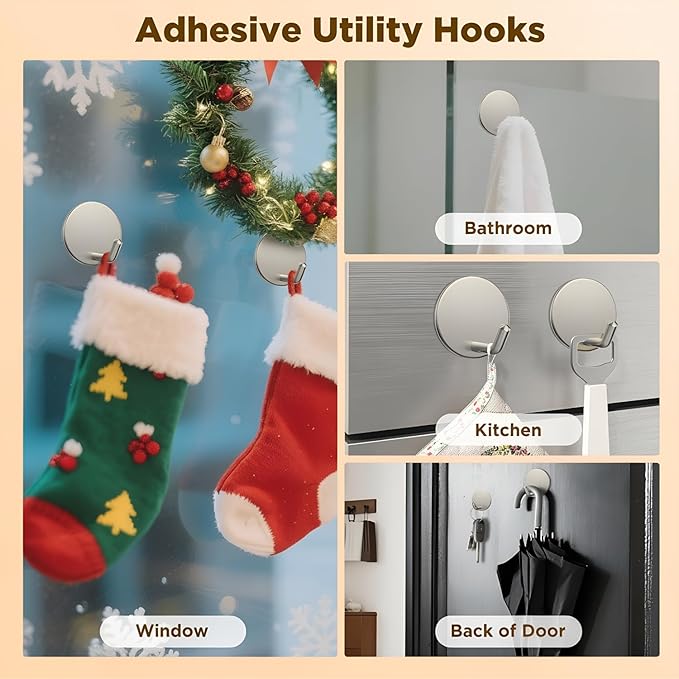 OUTXE Adhesive Wreath Hanger, Heavy Duty Reef Hook | for Front Door Glass Window | for Christmas/Thanksgiving/Halloween/July 4th/Easter/Valentine/Fall/Summer/Spring (Silver, 2 Pack)