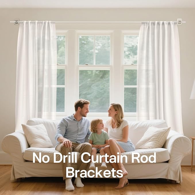 No Drill Curtain Rod Brackets - 20LB, 8 Pack Self Adhesive Curtain Rod Holder, Peel and Stick Wall Hooks, Renter Friendly Upgrades for Apartment, Kitchen, Bathroom, Dorm, Living Room and RV