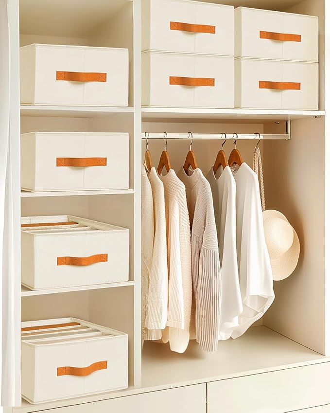 Homsorout Clothes Organizers and Storage - 4/5/7 Grids Fabric Jeans Organizer with Handles, Foldable Closet Organizers Dividers, Wardrobe organizer for Pant, Sweater, T-shirt, Scarf, 3 Pack, Beige