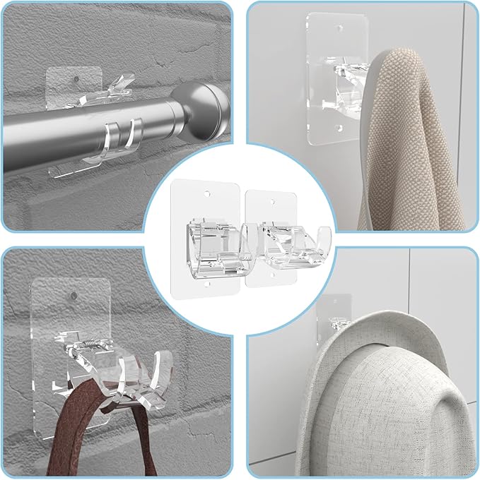 4 Pieces Self Adhesive Curtain Rod Bracket, Universal Plastic Curtain Rod Holders, No Drill Curtain Rod Brackets Curtain Rod Hooks for Bathroom, Bedroom, Livingroom, Kitchen (Transparent)