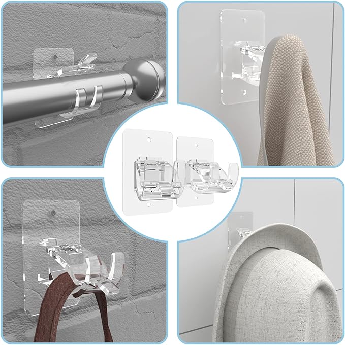 CIEMGNZOC 4PCS No Drill Curtain Brackets, Self-Adhesive Rod Holders, Adjustable Hooks for Rods Under 1.57 Inch (Transparent)