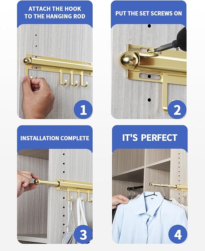 BaiNong 16.5 inch Valet Rod for Closets Pull Out Closet Valet Rod Slide Out Extra long Gold Valet Rods for Closets With 6 Hooks