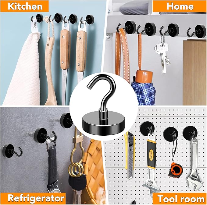 MIKEDE Black Magnetic Hooks 85Lbs Heavy Duty Earth Magnets with Hooks for Cruise Cabin Strong Magnet Hooks for Hanging Super Metal Magnetic Hanger for Grill Fridge Kitchen - Pack of 10