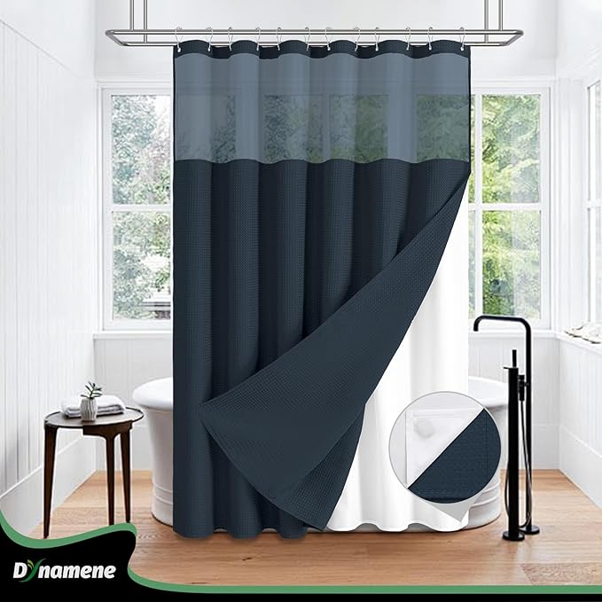 Dynamene Fabric Shower Curtain with Snap in Liner, Navy Blue Waffle Hotel Shower Curtains for Bathroom, Washable Waterproof Cloth Shower Curtain Liner Set with Plastic Hooks, Mesh Top Window, 72x72