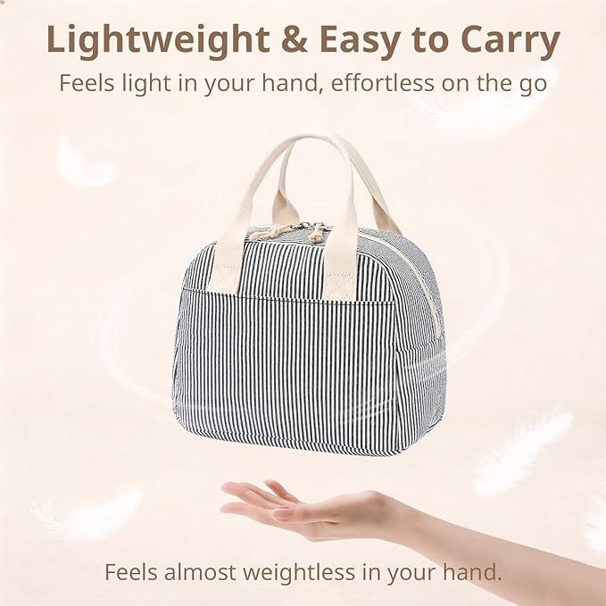 LOVELYWIND Insulated Lunch Bag for Women, Reusable BLack Striped Lunch Box Cooler Bag with Large Capacity, Durable Lunch Tote for Work