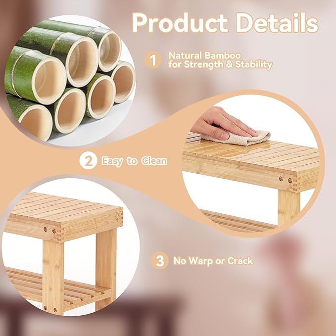 Sweetcrispy Shoe Rack Bench, 3-Tier Bamboo Entryway Storage Organizer, 286lb Capacity, Shoes Stand for FrontDoor Entrance, Bedroom, Living Room, Bathroom, Balcony, 35 Inches Length, Wood