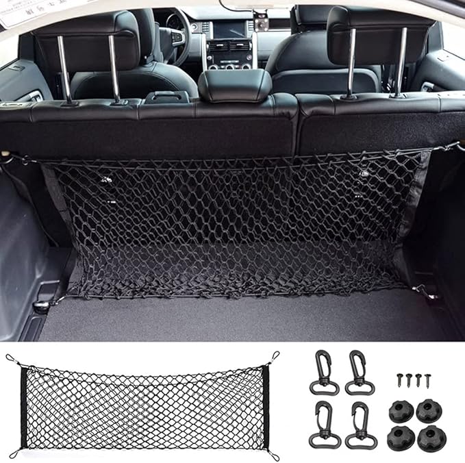 Car Rear Cargo Net, Universal Adjustable Elastic Trunk Cargo Storage Organizer Net, Double-Layer Storage Nylon Mesh Compatible for SUV, Jeep, Truck(43.3 x 15.7in)