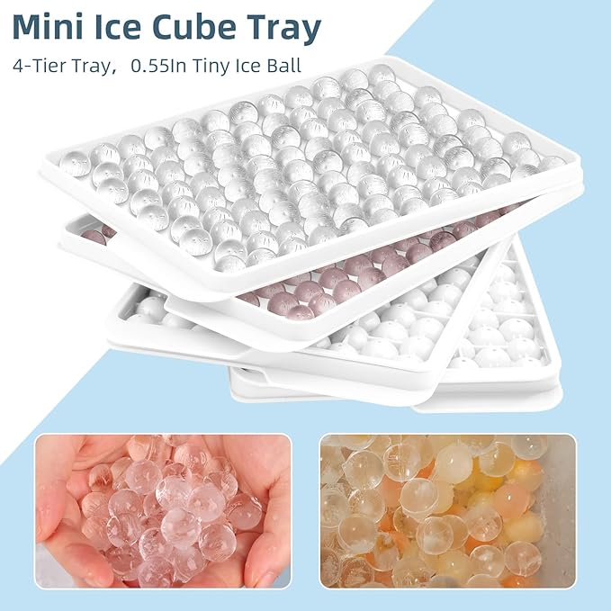 WIBIMEN Mini Ice Cube Trays, 0.55” Tiny Pebble Ice for Iced Coffee & Cocktails, Fast Chill, Easy Twist Release, Stackable with Lid & Storage Bin (4 Pack, White)