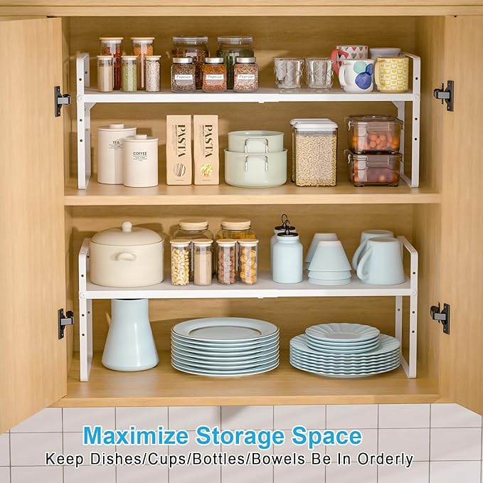 15.5 to 25.5 Inch Expandable Kitchen Cabinet Organizer Shelf, 30 LBS Heavy Duty Stackable Kitchen Counter Storage Shelves Organizers, 2 Pack Adjustable Small Storage Shelf Rack for Cabinet Cupboard