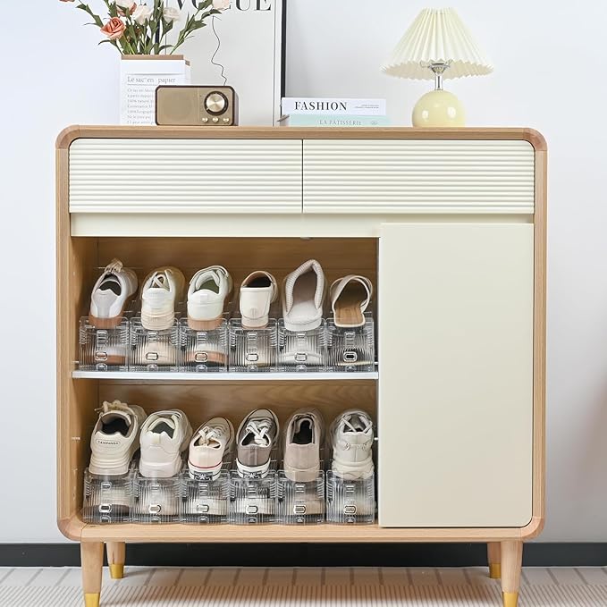 16-Pack Shoe Slots Organizer for Closet, Adjustable Shoe Stacker & Space Saver, Clear Double Deck Shoe Storage for Small Spaces, Transparent Gold