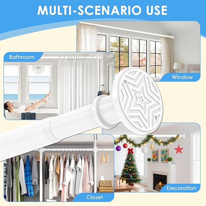 Long Tension Curtain Rod 31-112 inch White Shower Curtain Rods for Adjustable Outdoor Curtain Rods for Windows Spring Rod No Drilling Or Screw Mount Install Non Slip, No Rust