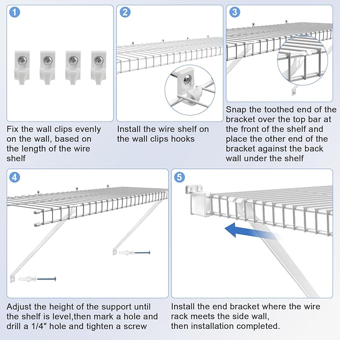 12 Inch Wire Shelf Brackets Set, 8 Pack Metal White Closet Support Bracket with End Brackets & Clips for Wire Shelving Wall Bracket Installation, Support Wire Closet Shelves Racks (8 Pack)