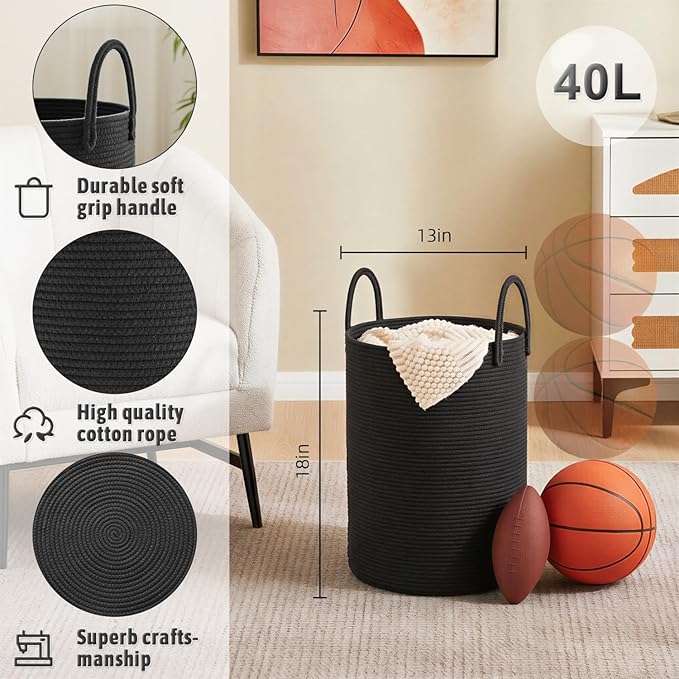 Artfeel Laundry Basket,Woven Cotton Rope Laundry Hamper,40L for Decorative Storage of Dirty Clothes,Toys and Blankets in Bathroom,Baby Room and Living Room