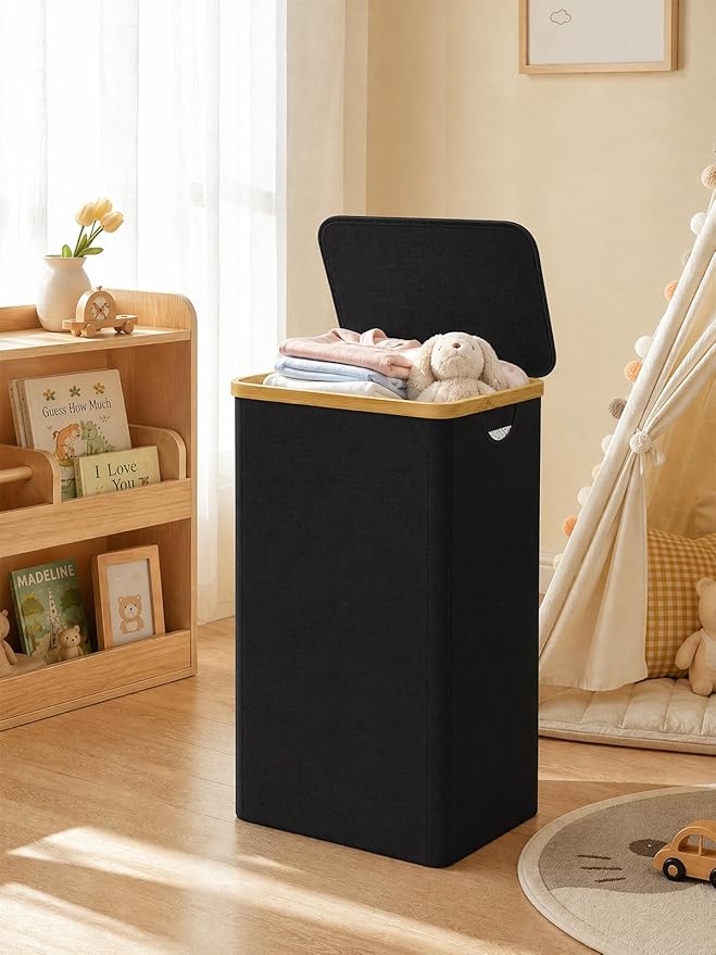iEGrow Laundry Hamper with Lid, 110L Large Laundry Basket with Handle, Collapsible Clothes Basket Organizer with Removable 2 Inner Bag for Clothes Towels - Black
