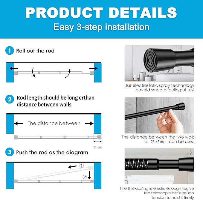 1 Pack Spring Tension Rods 28-45 Inches, 5/8 Inch Diameter Black No Drill Spring Loaded Adjustable Extendable, Small Short Tension Curtain Rod for Windows Kitchen Doorway Closet Cupboard