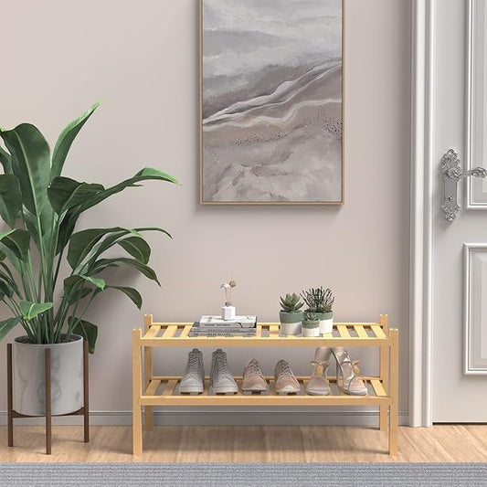 (Thick Bamboo Shoe Rack for Entryway, 2-Tier Free Standing Shoe Racks Stackable Shoe Rack Organizer for Hallway Closet Living Room 27 x12 x14 Inches