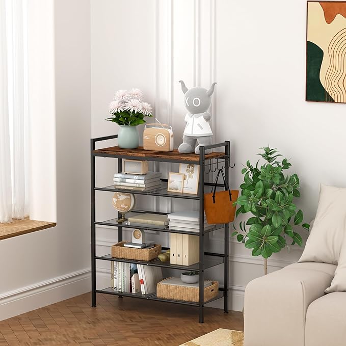 Refrze Shoe Rack for Front Door Entrance, 4 Tier Height-Adjustable Metal Shoe Rack, Sturdy Wooden Top and Tiltable Steel Frame Heavy Duty Shoe Organizer for Bathroom,Bedroom,Kitchen,Include Hook