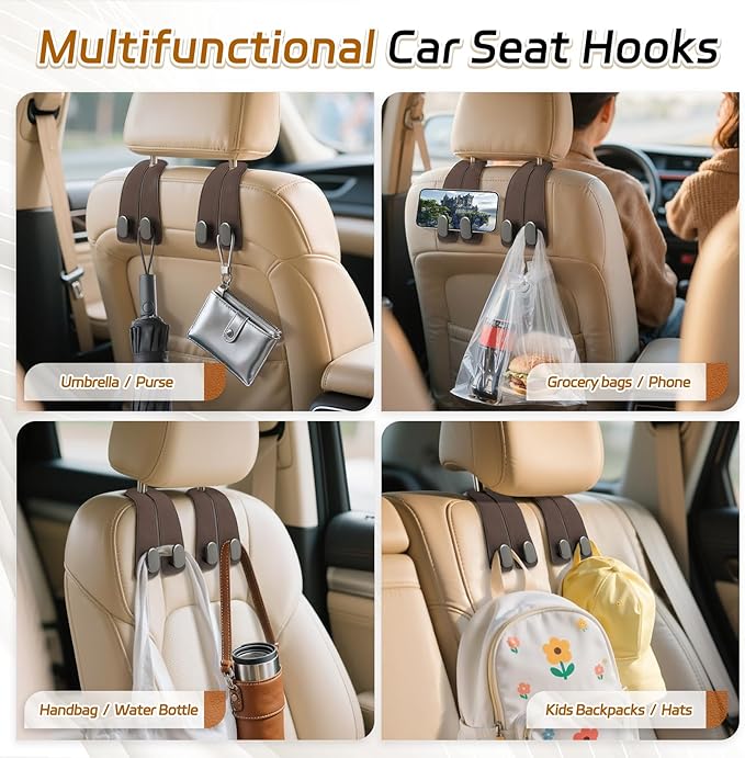 Car Seat Headrest Hooks - 2 Pack Universal Car Purse Hook, Leather Car Bag Purse Holder with Double Metal Hooks for Handbags, Grocery Bags, Bottles, Phones