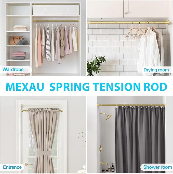 1 Pack Gold Spring Tension Curtain Rod 28-48 Inches, 7/8" inch Adjustable Curtain Rod No Drill, Anti-slip Spring Curtain Rod for Windows Bathroom Kitchen Closet Doorway