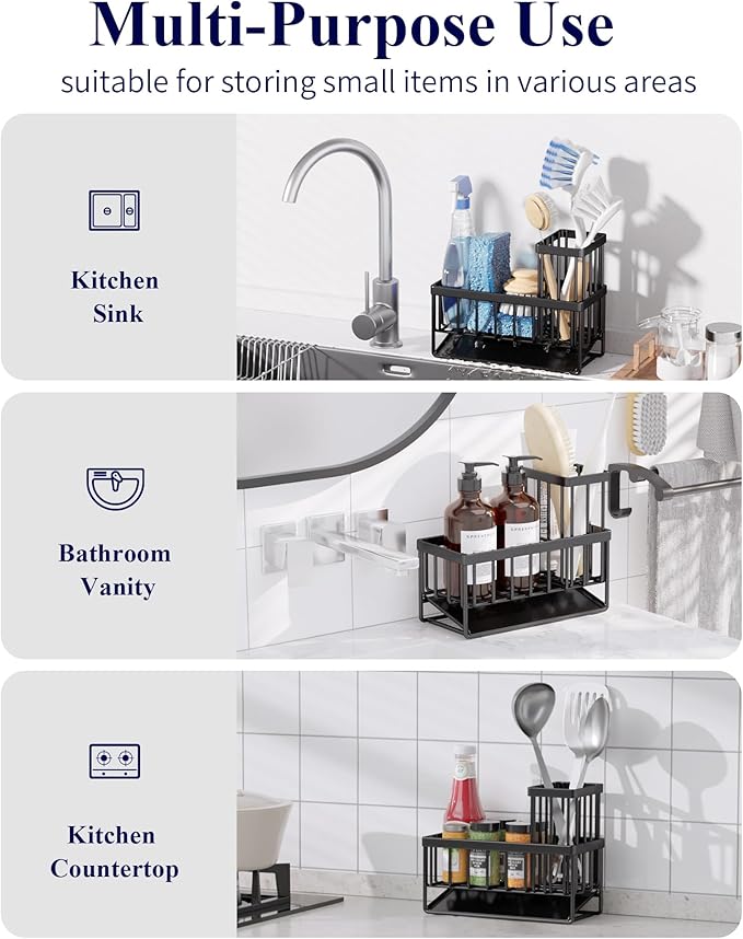 Kitsure Sponge Holder for Kitchen Sink - Rustproof Stainless Steel Sink Caddy Organization and Storage Essentials with High Brush Holder, Home Decor Accessories, 7.9" x 3.7" x 6.2", Black