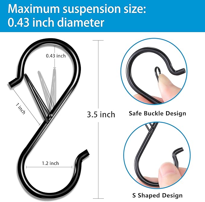 FSAH 17 Pcs S Hooks for Hanging Safety Buckle, 3.5 Inch Stainless Steel S Shaped Locking Hooks for Colleague Dorm, Kitchen, Plants Pots Towels Bags, Black