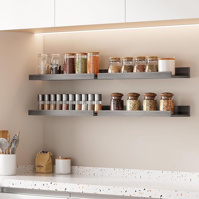 upsimples Floating Shelves for Wall, Wall Shelves for Decor Storage Set of 6, Wall Mounted Wood Shelf for Bedroom, Living Room, Bathroom, Kitchen, Picture Ledge Shelf, Grey