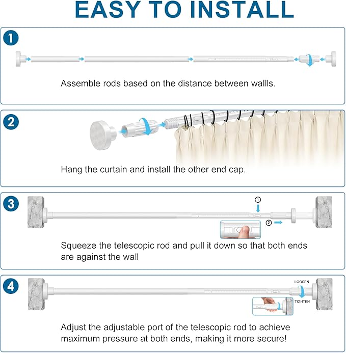 AIZESI 41-165 Inch Heavy Duty White Tension Curtain Rod - No Drilling, Adjustable, Rust-Resistant for Outdoor, Living Room, Window, Bathroom