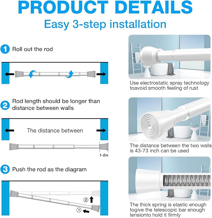 Shower Curtain Rod 44-77 inch Tension Rod White Shower rod Non Slip Tension Curtain Rod Adjustable Curtain Rods No Drilling Shower Rods for Bathroom Windows Closet 1Pack